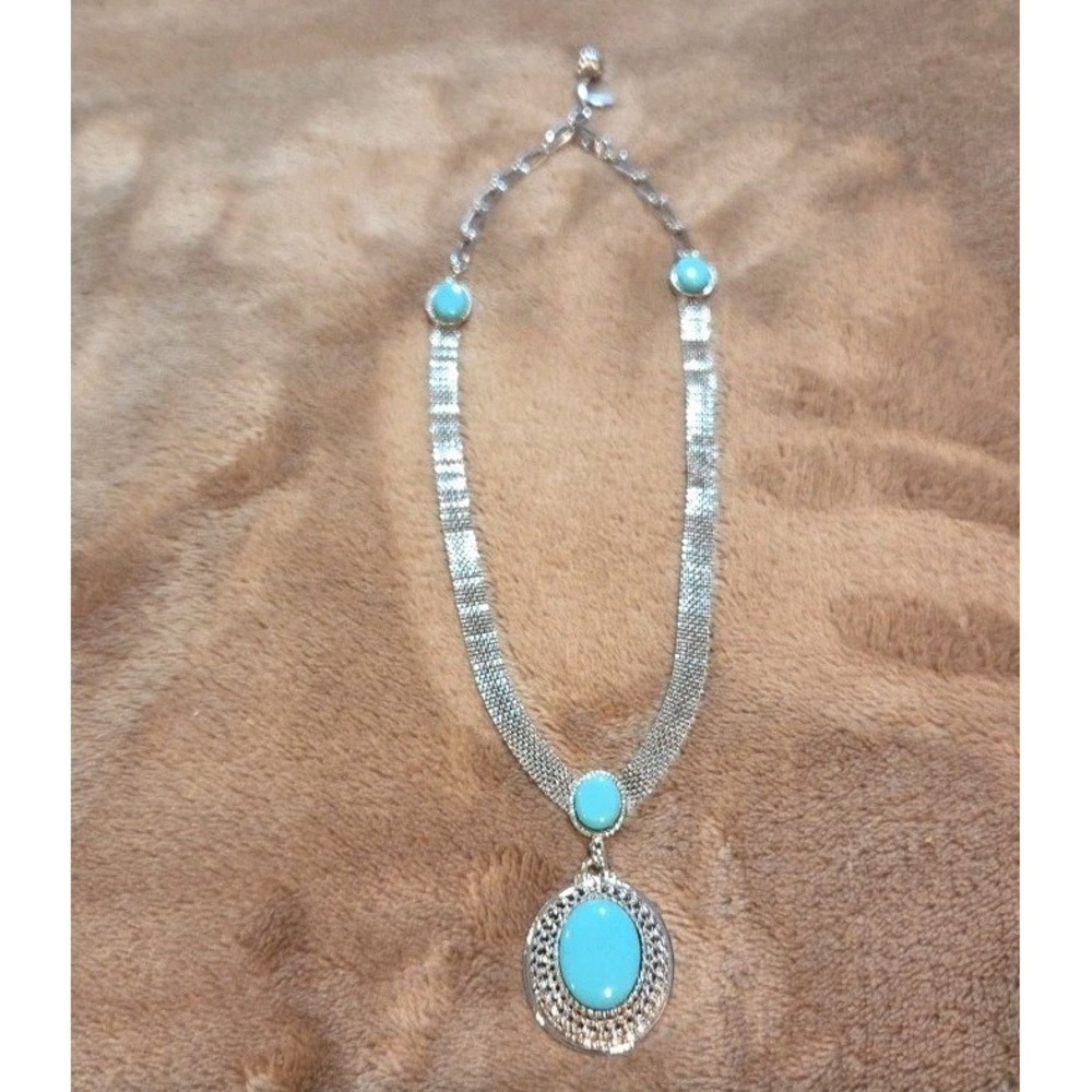 Park Lane Turquoise Statement Necklace Silver Tone Mesh Chain Drop Pendant - Picture 2 of 7